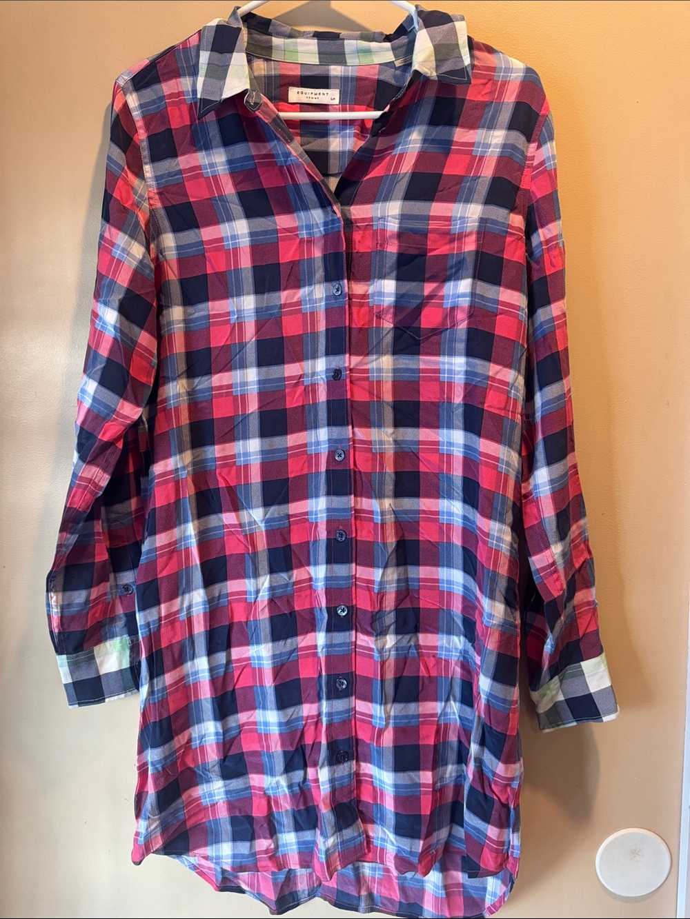 Equipment 100% Silk Plaid Button-Down Shirt Shirtdress - Pink, Navy & White